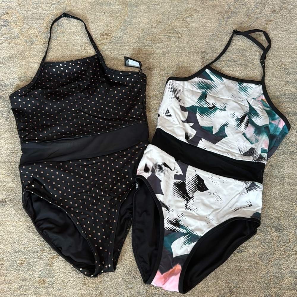 Zella Girl Black Polka Dot & Black Floral Print One-Piece Swim Set